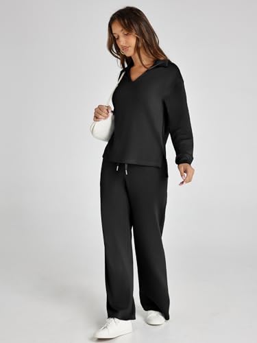 Glamaker Women's 2 Piece Sets Outfits Oversized Sweatsuits Long Sleeve Polo Top and Wide Leg Pants Matching Sets (Black S) - Image 3