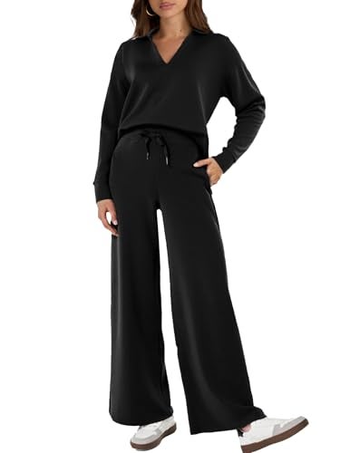 Glamaker Women's 2 Piece Sets Outfits Oversized Sweatsuits Long Sleeve Polo Top and Wide Leg Pants Matching Sets (Black S) - Image 1