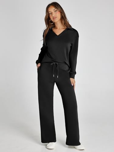 Glamaker Women's 2 Piece Sets Outfits Oversized Sweatsuits Long Sleeve Polo Top and Wide Leg Pants Matching Sets (Black S) - Image 2