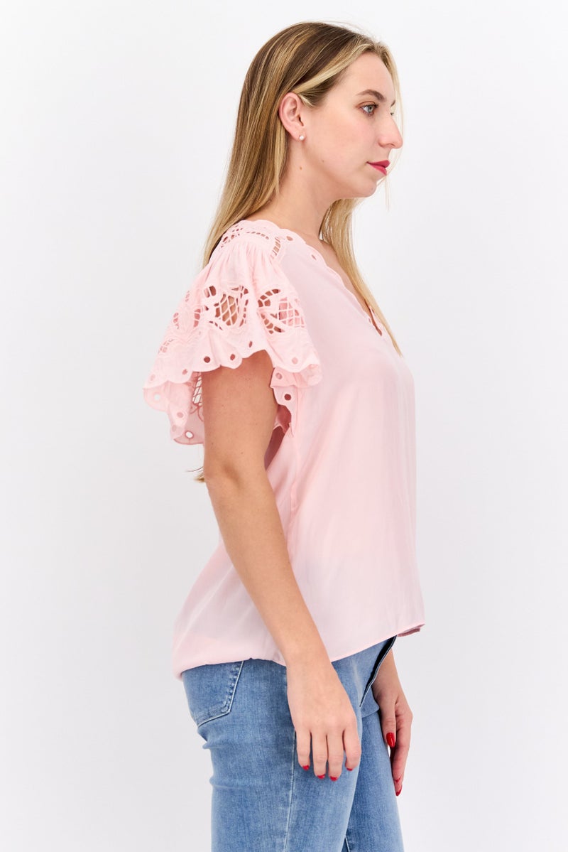 Ramy Brook Women V Neck Flutter Sleeve Blouse, Pink - Image 2