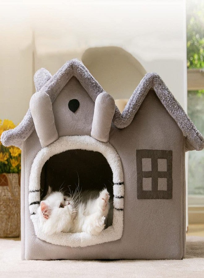 Srutirbo Luxury Double Roof Indoor Dog House Cat Nest,Foldable Warm Soft Kennel,30D High Elastic Memory Sponge,Removable Cushion and Non-Slip Bottom (Grey Double Roof, S) - Image 5