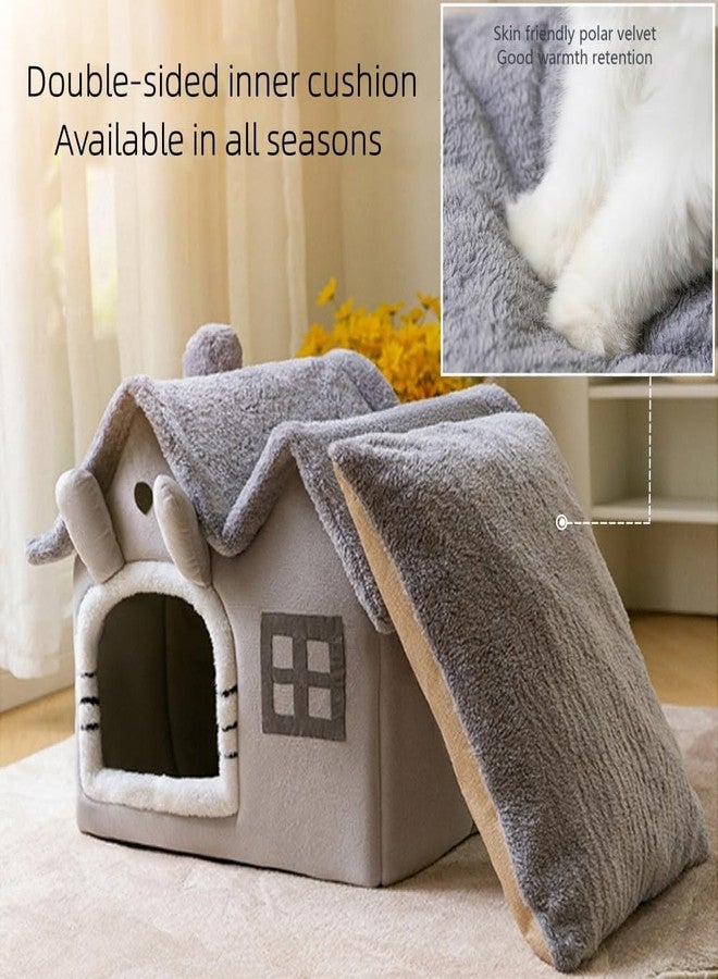 Srutirbo Luxury Double Roof Indoor Dog House Cat Nest,Foldable Warm Soft Kennel,30D High Elastic Memory Sponge,Removable Cushion and Non-Slip Bottom (Grey Double Roof, S) - Image 4
