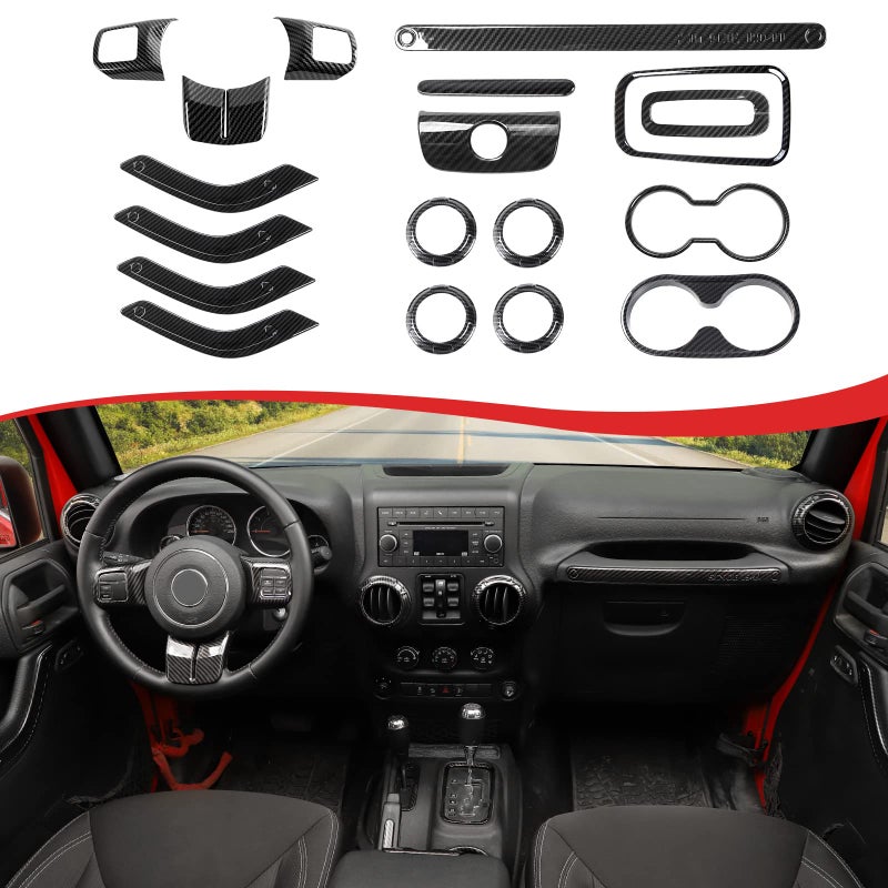 CheroCar 18PCS Interior Trim Kit for Jeep Wrangler JK JKU 20112018 4 DoorSteering Wheel Cover Air Conditioning Vent Trim Cup Holder CoverGear Shift Knobs FrameCarbon Fiber