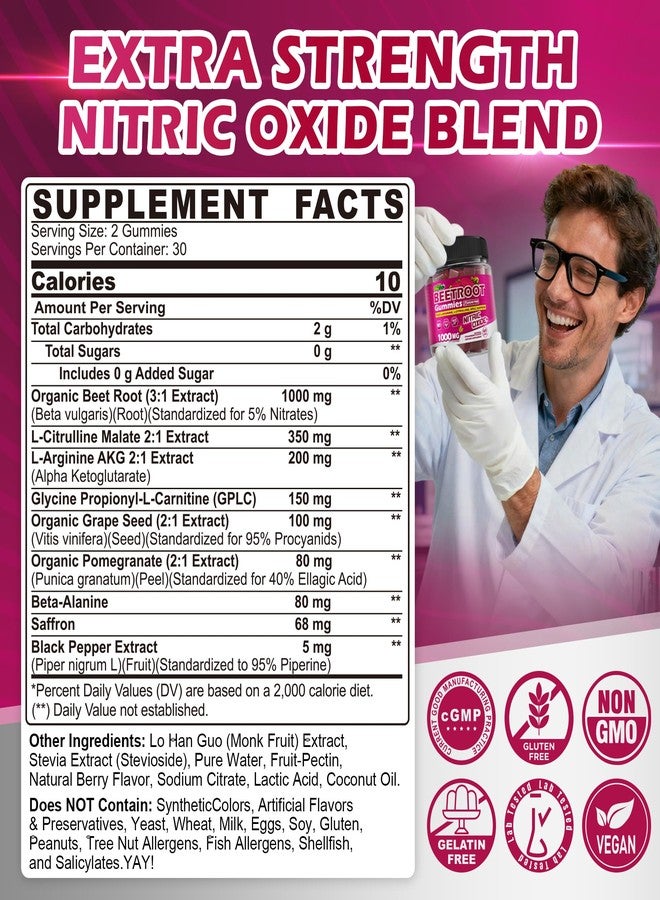 EnvyCure Organic Beet Root Gummies with L-Citrulline & L-Arginine, Nitric Oxide Supplements for Men and Women, Grape Seed, Pomegranate, Saffron for Circulation, Vâsculâr & Vitality, Vegan, Sugar Free, 120 Cts - Image 2