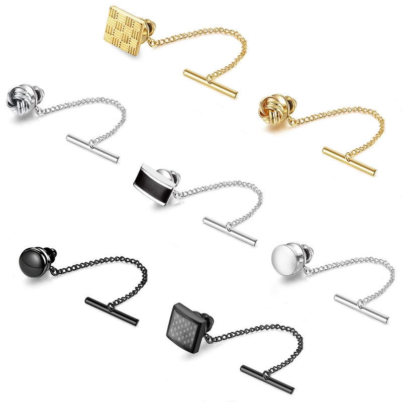 FUNRUN JEWELRY 7Pcs Tie Tacks for Men Tie Pins with Chain Black Gold Silver Tone Tie Tack Clutch for Wedding Birthday Anniversary Business Jewelry