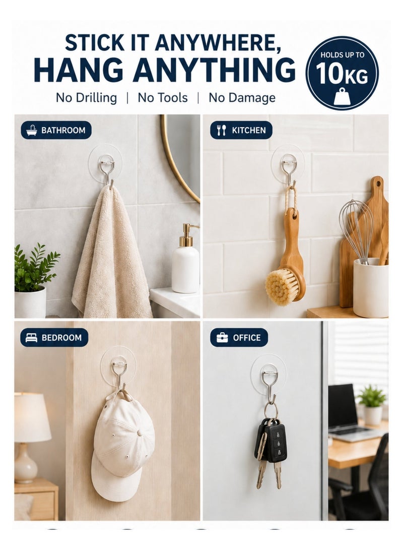 Heavy Duty Transparent Adhesive Wall Hooks, Holds Up to 10kg, No Drill Self-Adhesive Sticky Hooks, Waterproof & Reusable for Kitchen, Bathroom, Bedroom & Office (Pack of 2) - Image 4