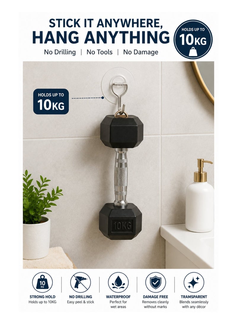 Heavy Duty Transparent Adhesive Wall Hooks, Holds Up to 10kg, No Drill Self-Adhesive Sticky Hooks, Waterproof & Reusable for Kitchen, Bathroom, Bedroom & Office (Pack of 2) - Image 3