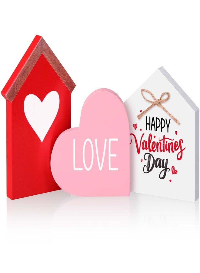 Marsui 3 Pcs Valentine's Day Table Sign House Shaped Wooden Tiered Tray Sign Heart Wooden Table Decor Happy Valentine Tabletop Wood Centerpiece for Home Wedding Party (Red,Elegant Style) - Image 1