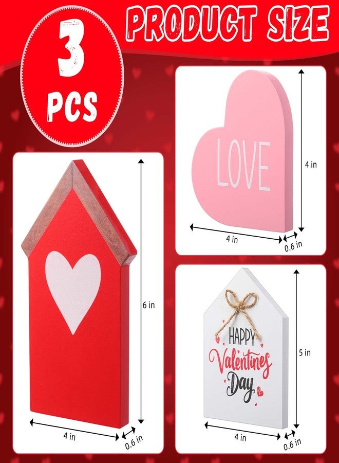 Marsui 3 Pcs Valentine's Day Table Sign House Shaped Wooden Tiered Tray Sign Heart Wooden Table Decor Happy Valentine Tabletop Wood Centerpiece for Home Wedding Party (Red,Elegant Style) - Image 2
