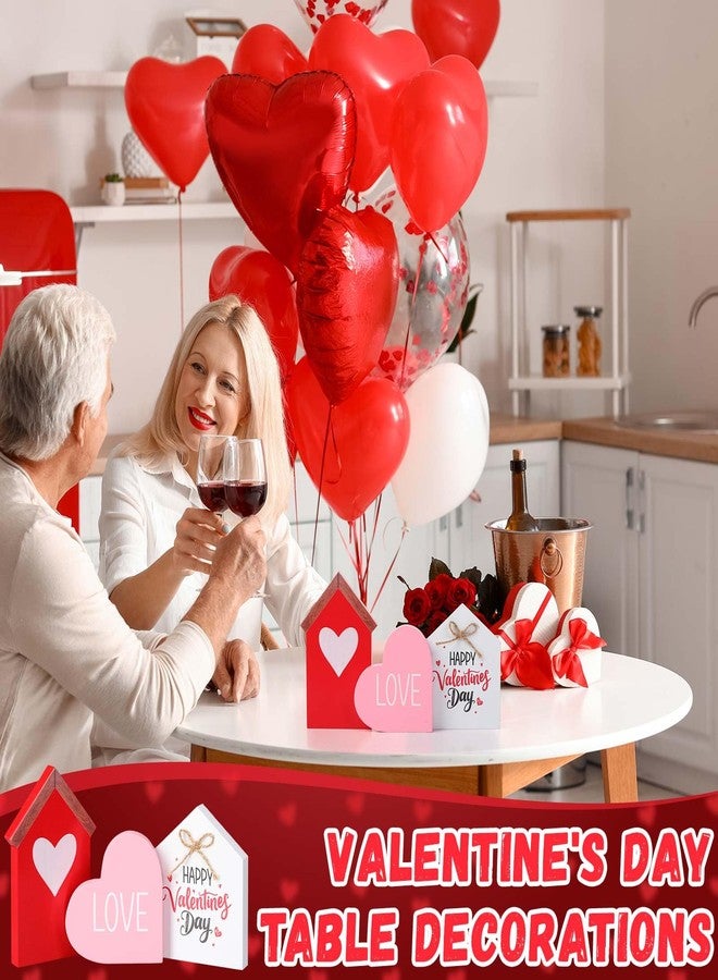 Marsui 3 Pcs Valentine's Day Table Sign House Shaped Wooden Tiered Tray Sign Heart Wooden Table Decor Happy Valentine Tabletop Wood Centerpiece for Home Wedding Party (Red,Elegant Style) - Image 5