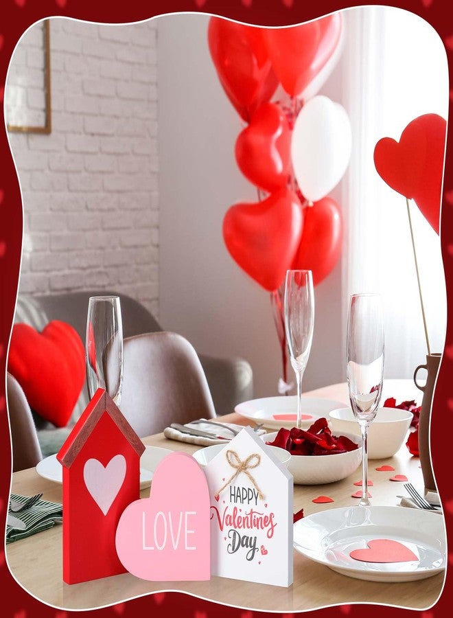Marsui 3 Pcs Valentine's Day Table Sign House Shaped Wooden Tiered Tray Sign Heart Wooden Table Decor Happy Valentine Tabletop Wood Centerpiece for Home Wedding Party (Red,Elegant Style) - Image 3