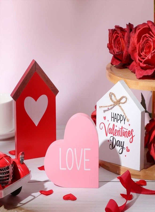 Marsui 3 Pcs Valentine's Day Table Sign House Shaped Wooden Tiered Tray Sign Heart Wooden Table Decor Happy Valentine Tabletop Wood Centerpiece for Home Wedding Party (Red,Elegant Style) - Image 4