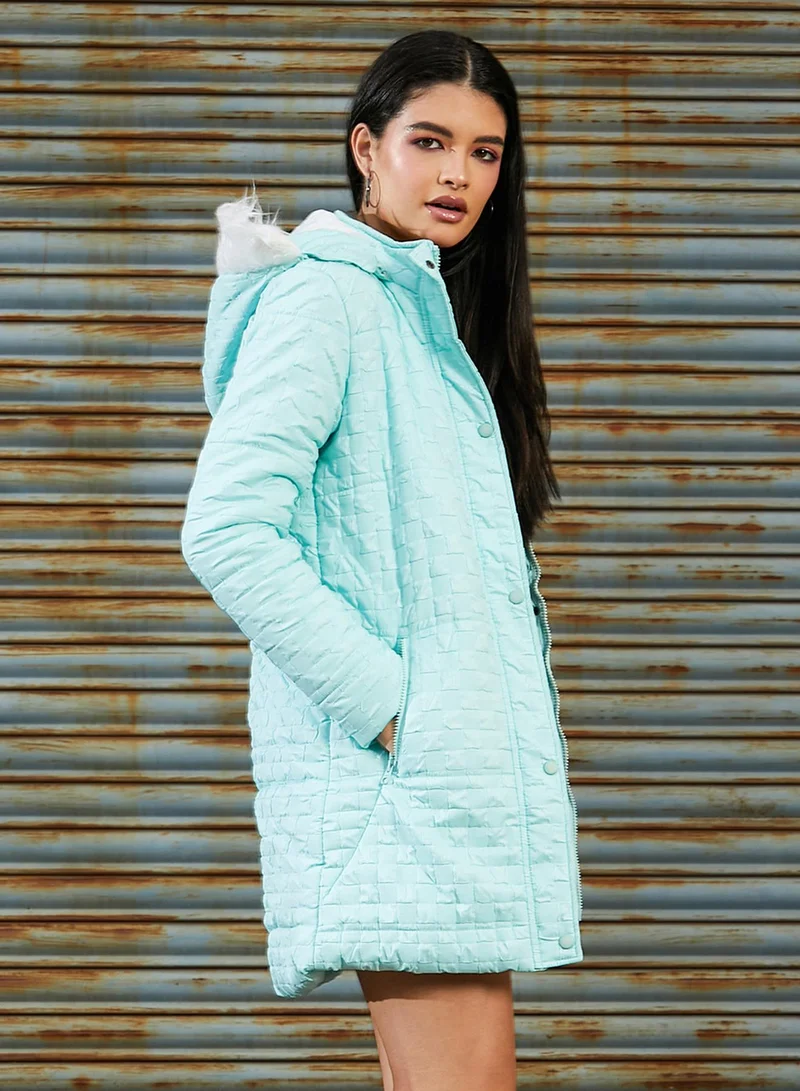 Campus Sutra Women's Aqua Blue Self-Design Buffalo Check Puffer Jacket For Casual Wear | Hooded Neck | Long Sleeve | Zipper Closure | Jacket Crafted With Comfort Fit For Everyday Wear