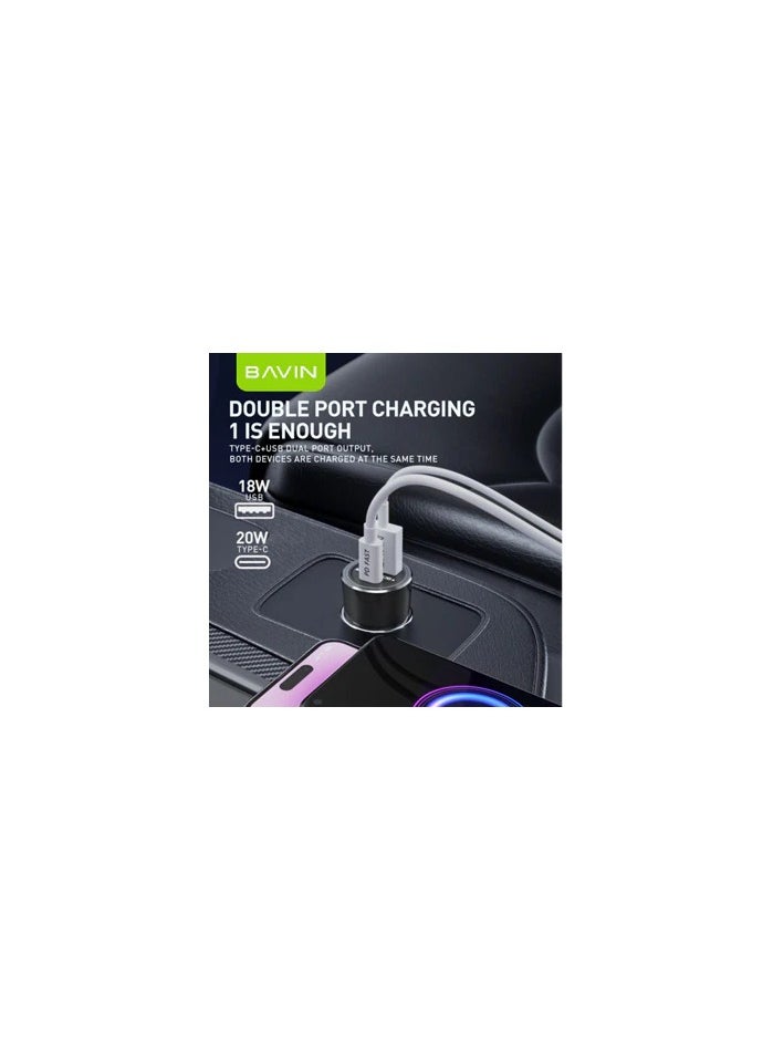 بافين - شاحن سيارة BAVIN PC920 20W PD للشحن السريع ومنفذ USB مزدوج ومنفذ Type-C متوافق على نطاق واسع مع سلسلة iPhone 15 - Image 1