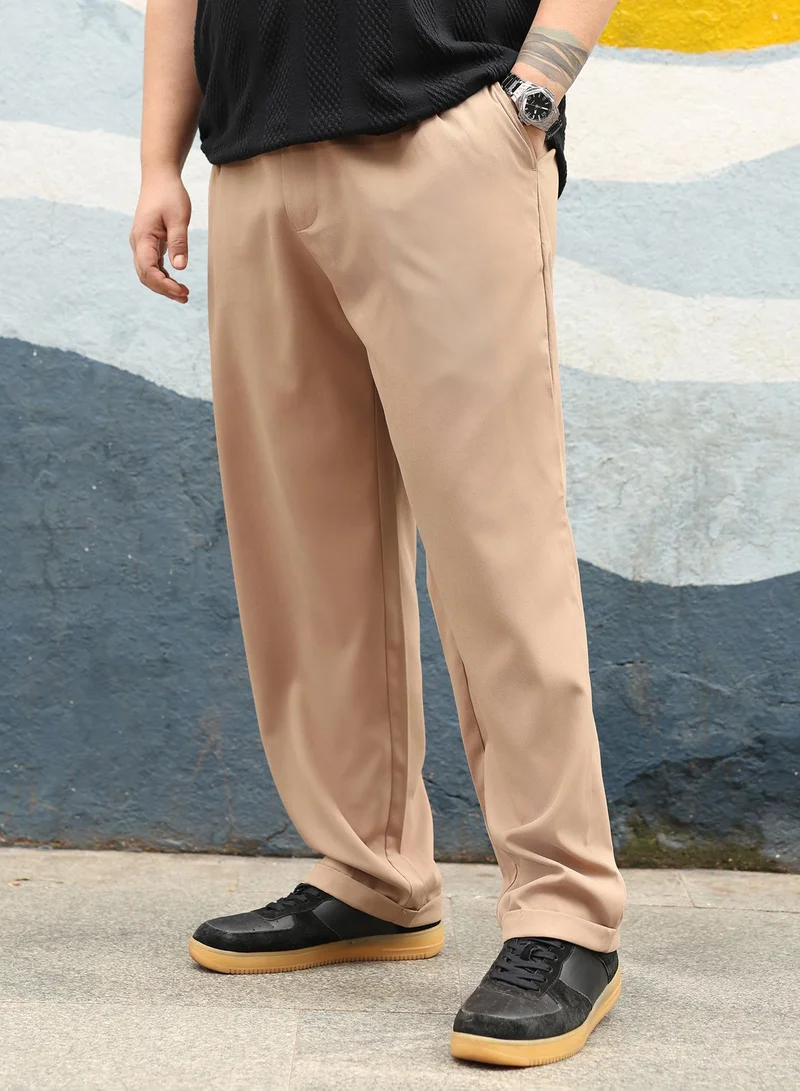 Instafab Plus Instafab Plus Men Pleated-Twill Tailored Trousers | Mid Rise , Side-Elasticated Stretch | Button Closure , Cuffed-Straight Hem | Solid Twill | Woven Fabric For Office & Casual Wear | Khaki Brown