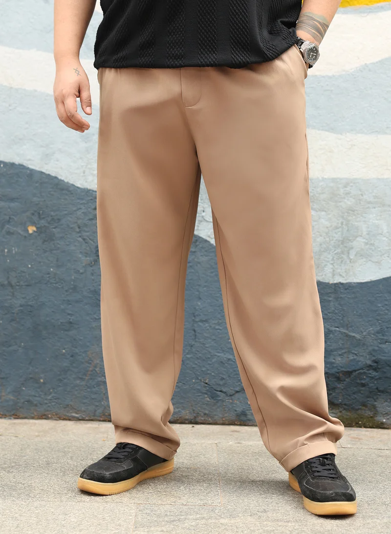 Instafab Plus Instafab Plus Men Pleated-Twill Tailored Trousers | Mid Rise , Side-Elasticated Stretch | Button Closure , Cuffed-Straight Hem | Solid Twill | Woven Fabric For Office & Casual Wear | Khaki Brown