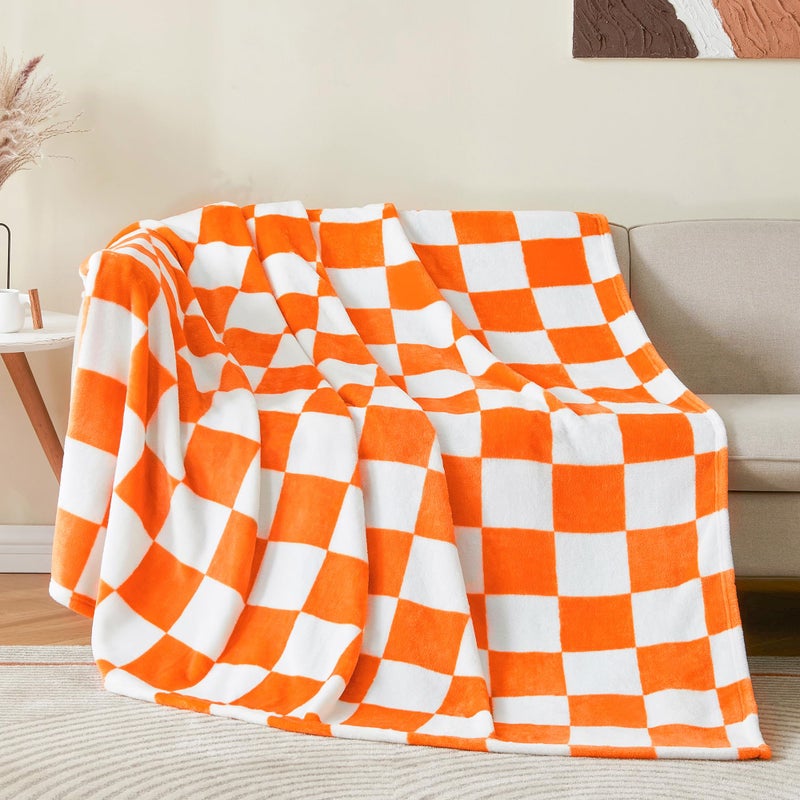 BEDELITE Checkered Throw Blanket for Couch Soft  Cozy Fleece Flannel Blanket with Checkerboard Grid Home Decor Checkered Orange Tennessee Blanket 50x60 Inches