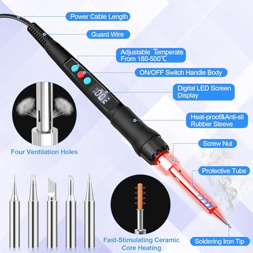 Q-MING Soldering Iron Kit, 100W LED Digital Solder Gun kits with Ceramic Heater, Adjustable Temperature Welding Tools with Tips, Wick Braid, Stand, Solders Wire, Sponge, Flux Paste, Black - Image 2