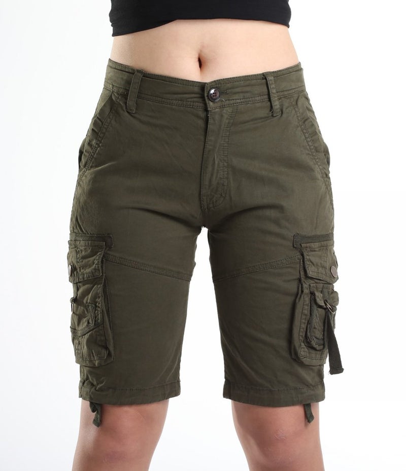 FOURSTEEDS Women's Casual Loose Fit Multi-Pockets Camouflage Twill Bermuda Cargo Shorts with Belt Army Green US 4 - Image 3