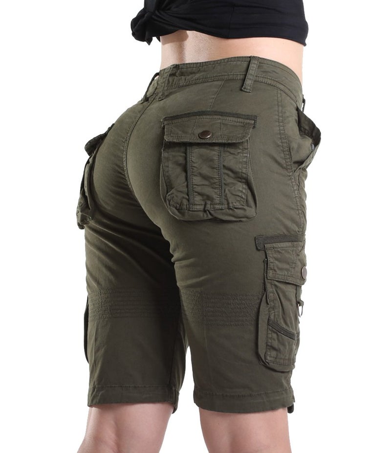 FOURSTEEDS Women's Casual Loose Fit Multi-Pockets Camouflage Twill Bermuda Cargo Shorts with Belt Army Green US 4 - Image 2