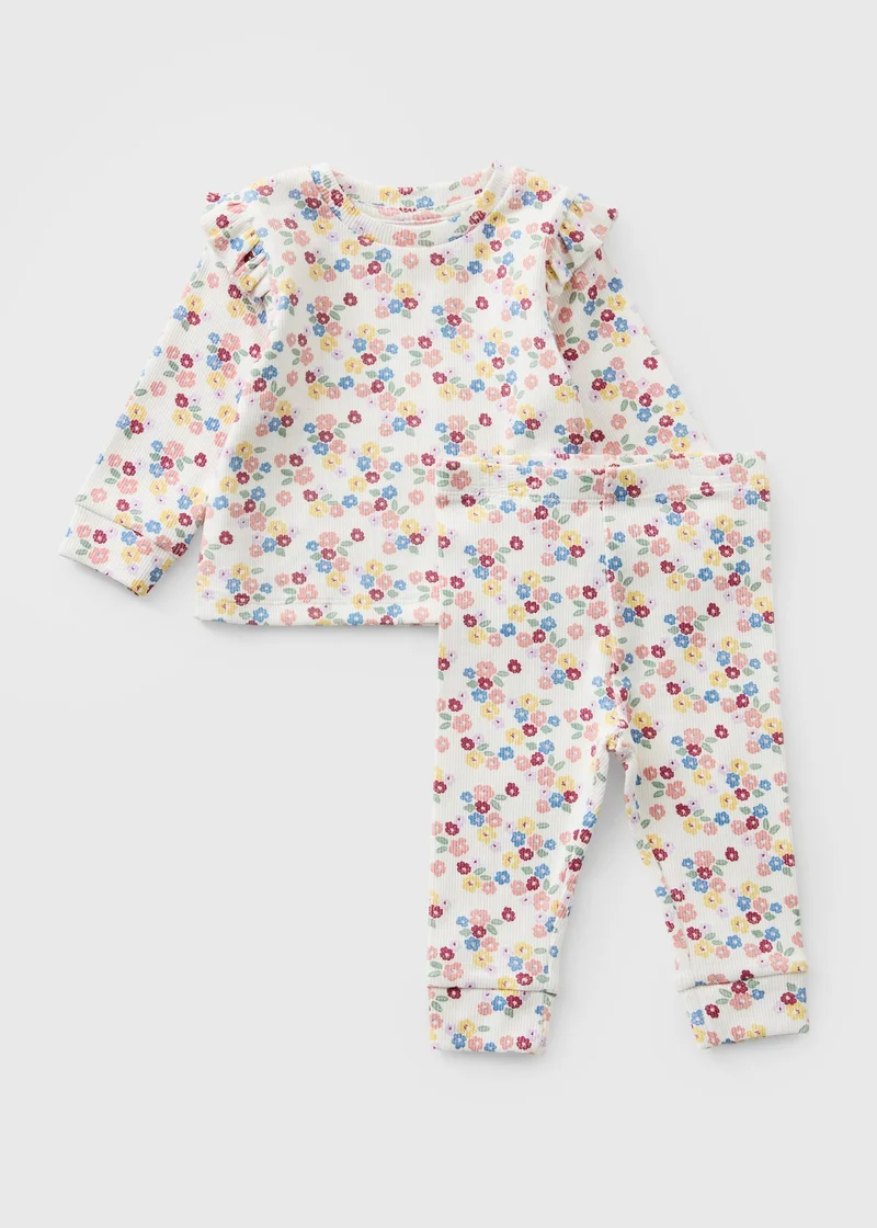 Matalan Baby Cream Ribbed Floral Top & Leggings Set