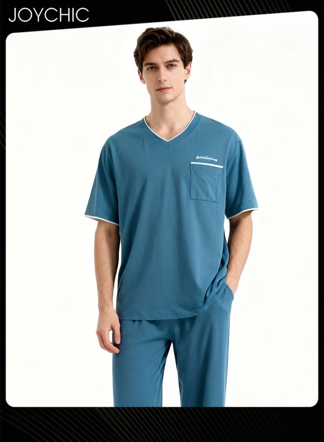 Joychic طقم بيجاما للرجال بأسلوب رياضي مريح - ربيع وخريف - ملابس نوم قصيرة الأكمام - مودال صديق للبشرة - سريعة الجفاف - ملابس منزلية للشباب - أزرق - Image 1