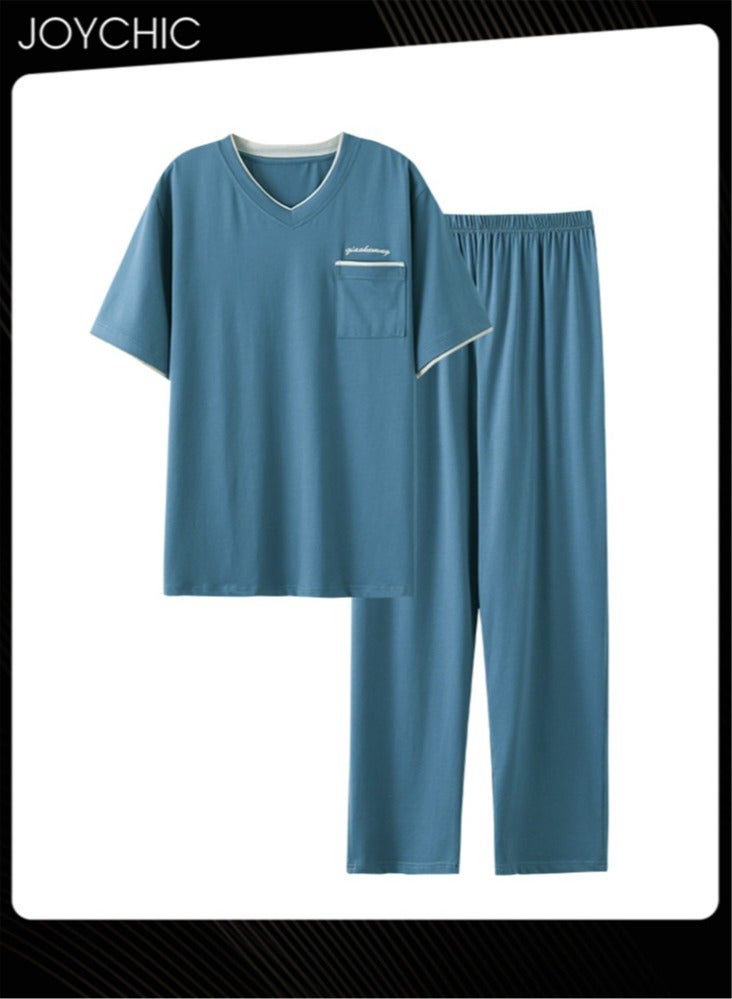Joychic طقم بيجاما للرجال بأسلوب رياضي مريح - ربيع وخريف - ملابس نوم قصيرة الأكمام - مودال صديق للبشرة - سريعة الجفاف - ملابس منزلية للشباب - أزرق - Image 2
