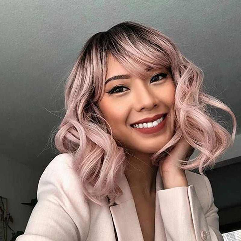 NOBLE Pink Wig with Bangs Short Ombre Pink Bob Wigs for Women Colorful Short Wavy Wigs Heat Resistant Synthetic Bob Wigs with Dark Roots for Daily Party Use - Image 1