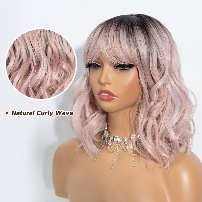 NOBLE Pink Wig with Bangs Short Ombre Pink Bob Wigs for Women Colorful Short Wavy Wigs Heat Resistant Synthetic Bob Wigs with Dark Roots for Daily Party Use - Image 3