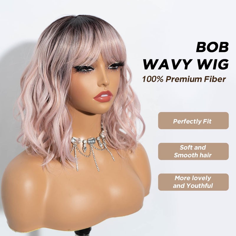 NOBLE Pink Wig with Bangs Short Ombre Pink Bob Wigs for Women Colorful Short Wavy Wigs Heat Resistant Synthetic Bob Wigs with Dark Roots for Daily Party Use - Image 2
