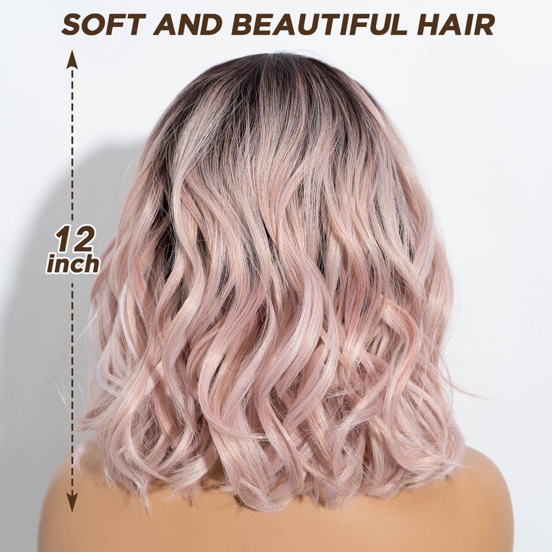 NOBLE Pink Wig with Bangs Short Ombre Pink Bob Wigs for Women Colorful Short Wavy Wigs Heat Resistant Synthetic Bob Wigs with Dark Roots for Daily Party Use - Image 4