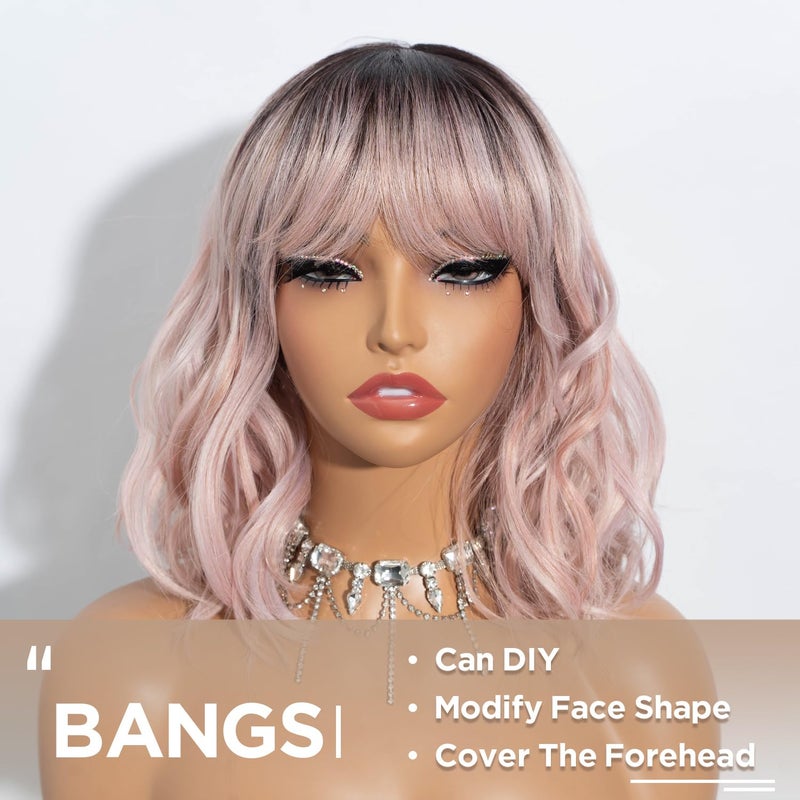 NOBLE Pink Wig with Bangs Short Ombre Pink Bob Wigs for Women Colorful Short Wavy Wigs Heat Resistant Synthetic Bob Wigs with Dark Roots for Daily Party Use - Image 5