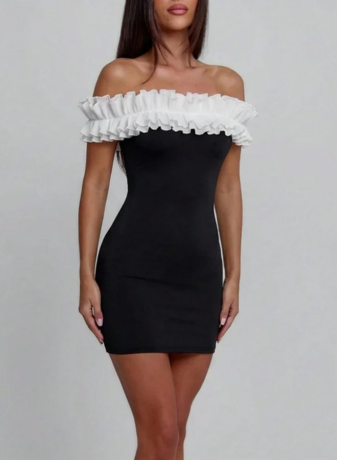 تايك تو Black Bodycon Mini Dress with Ruffled Off-Shoulder Neckline