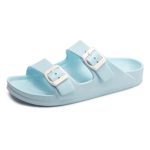 FUNKYMONKEY Women's Comfort Slides Double Buckle Adjustable EVA Flat Sandals (7 M US, Sky Blue) - Image 1