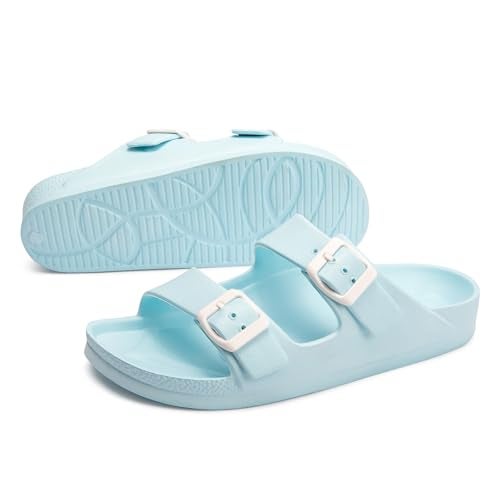 FUNKYMONKEY Women's Comfort Slides Double Buckle Adjustable EVA Flat Sandals (7 M US, Sky Blue) - Image 4