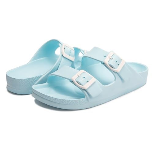 FUNKYMONKEY Women's Comfort Slides Double Buckle Adjustable EVA Flat Sandals (7 M US, Sky Blue) - Image 5