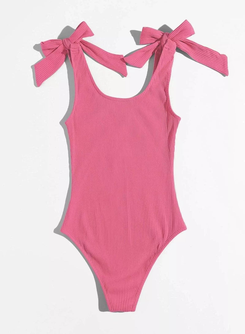 Knot Shoulder Rib-knit Form Fitted Solid Bodysuit - Image 2