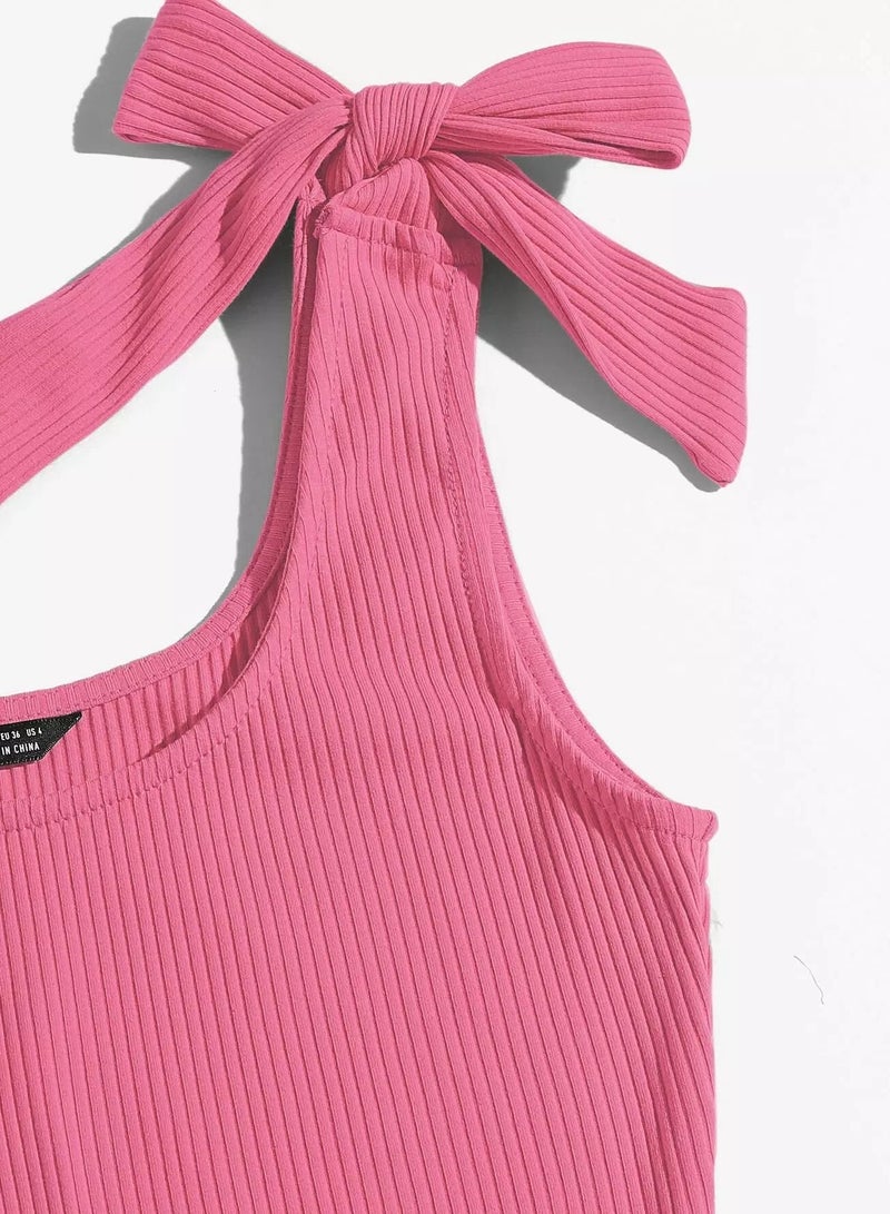 Knot Shoulder Rib-knit Form Fitted Solid Bodysuit - Image 4