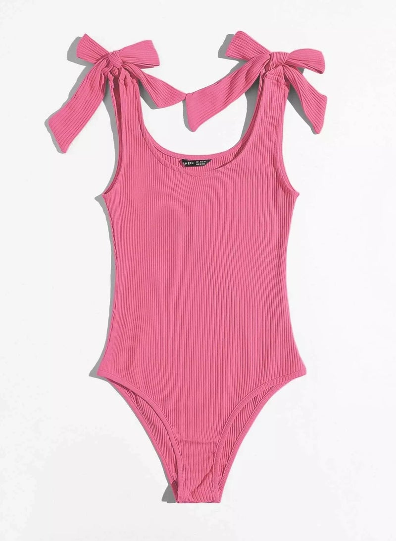 Knot Shoulder Rib-knit Form Fitted Solid Bodysuit - Image 3