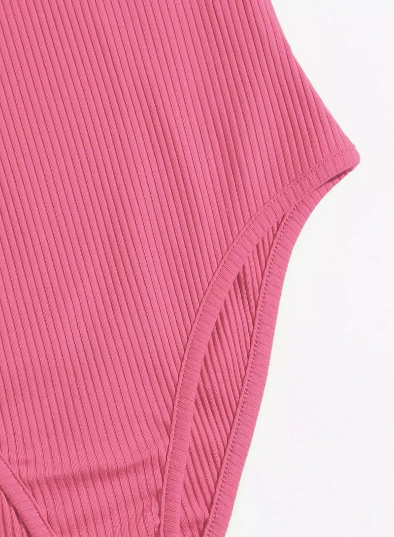 Knot Shoulder Rib-knit Form Fitted Solid Bodysuit - Image 5