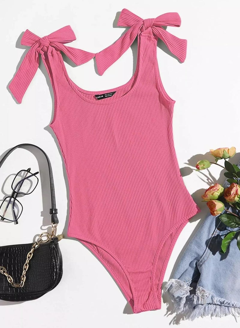 Knot Shoulder Rib-knit Form Fitted Solid Bodysuit - Image 1