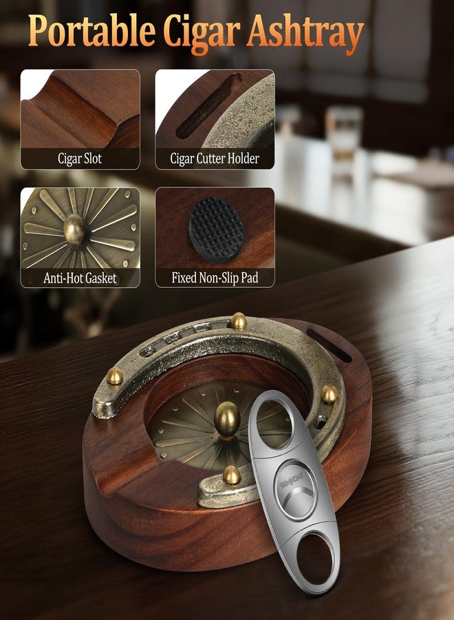 SEMKONT Cigar Ashtray, Horseshoe Wooden Portable Ashtray with Cutter, Zinc Alloy Anti-scald Gasket, Cigar Slot and Holder for home, office, bar and outdoor (Brown-Portable Ashtray) - Image 3