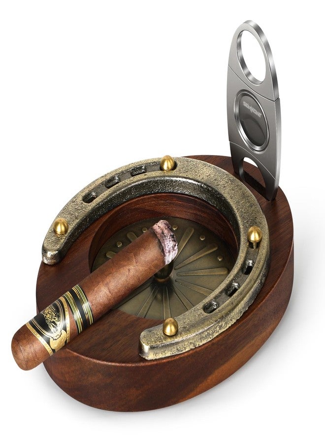 SEMKONT Cigar Ashtray, Horseshoe Wooden Portable Ashtray with Cutter, Zinc Alloy Anti-scald Gasket, Cigar Slot and Holder for home, office, bar and outdoor (Brown-Portable Ashtray) - Image 1