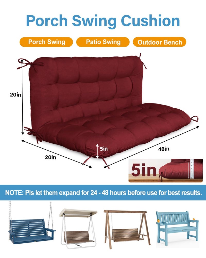 YEFU Porch Swing Cushion, Swing Cushions 2-3 Seater Replacement with Backrest, Waterproof Bench Cushion for Patio Garden, 48x40x5 Inch, Burgundy - Image 2