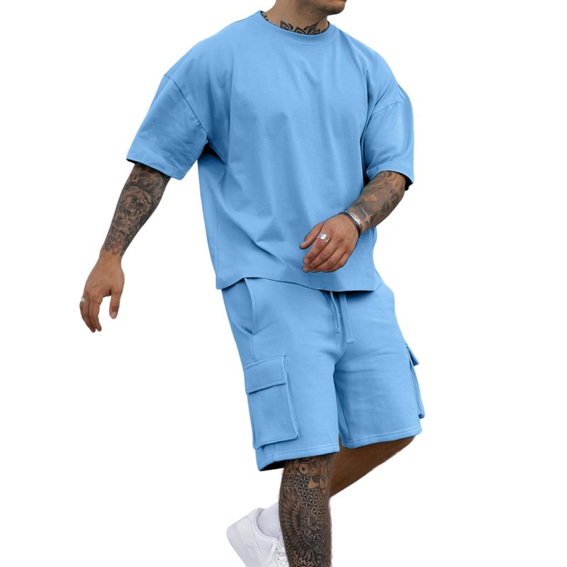 Opomelo Mens Short Sets 2 Piece Outfits - Casual Summer Short Sleeve Sweatsuits Sets for Men with Cargo Pocket - Image 1