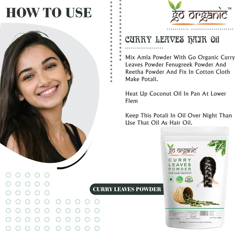 Go Organic Curry Leaves Powder To Grow Long, Strong and Shiny Hair, Green, 200 g - Image 4