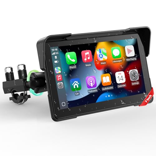 LAMTTO 7Inch Wireless Motorcycle Carplay GPS Navigation System with Apple Carplay and Android Auto Portable Moto Car Play Screen with Dual Bluetooth Navigation Siri Google Assistant AntiGlare
