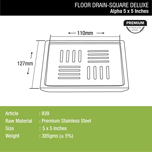LIPKA Alpha Deluxe Square Floor Drain |Premium Stainless Steel |5 x 5 Inches| - Image 2
