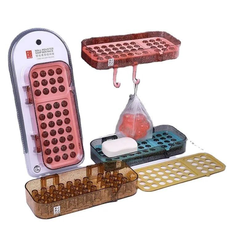 حامل صابون متعدد الوظائف مثبت على الحائط مع لاصق مع خطافات ومعلق لليفة للاستحمام والمطبخ (1 قطعة)