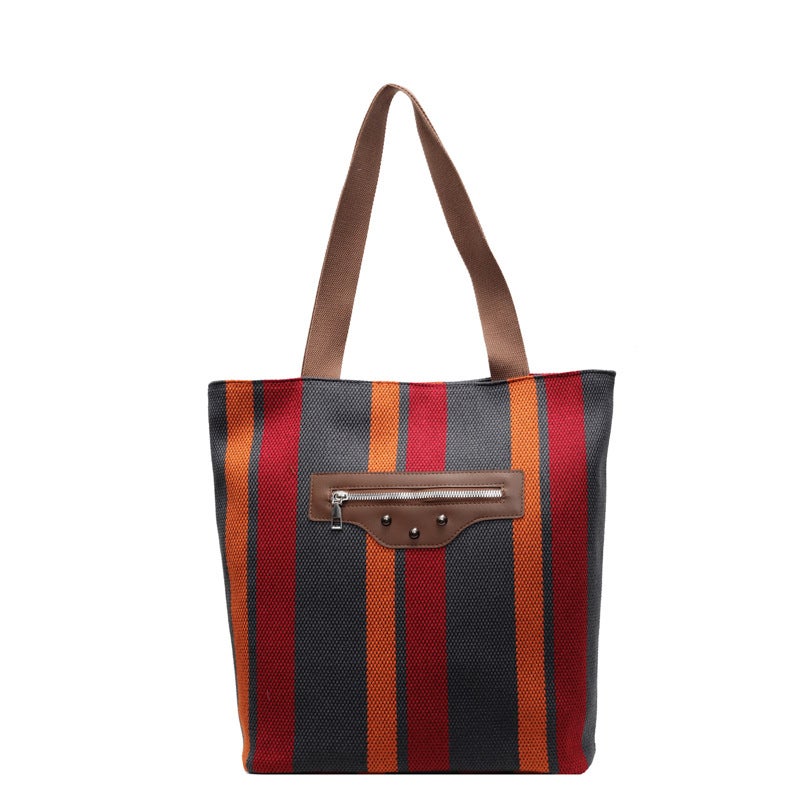Niche Striped Canvas Bag Women'S Arrival Large Capacity Commuter Tote Bag All-Match Student Shoulder Tote Bag